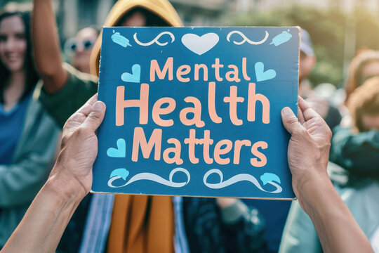 Hands holding a blue sign with the message mental health matters at a protest in the city