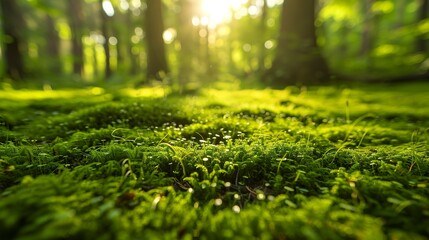 Fototapeta premium Sunlit forest floor covered in lush green moss, creating a serene and peaceful natural scene perfect for concepts of tranquility, nature conservation, and outdoor relaxation. 