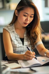 Obraz premium Asian secretary updating calendars and schedules, Generative AI