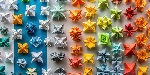 Art of Folding: A gallery wall displaying various forms of origami artistry, from intricate animals to whimsical shapes and patterns.