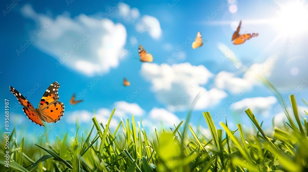 Wall mural young green juicy grass and fluttering butterflies in nature against blue spring sky with white clou