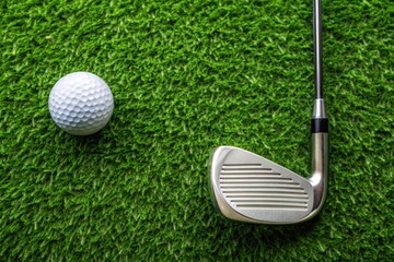 A banner with a view of a green lawn, on which lies a white ball and a metal golf club. An advertisement for a golf game at a country club. Free space for text.