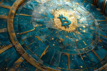 Obraz premium Abstract Digital Artwork Featuring a Blue and Gold Circular Design.
