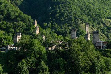 Fototapeta premium Mestia town in Georgia. The medieval Svan Towers is a traditional fortified residence in Mestia, Georgia. Svan towers and structures surrounded by green colors.