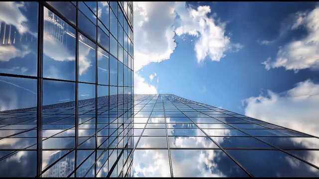 Time lapse of skyline commercial buildings and cloud sky. Business and finance concept timelapse, looking up at modern office building architecture in the financial district.