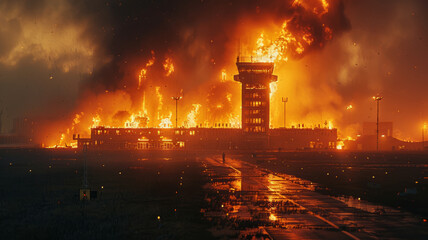 Fototapeta premium on the left of the screen is an air traffic control tower of a regional airport that's on fire at night,generative ai