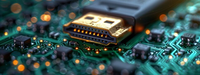 A close-up of green HDMI, USB, and other connector cables.