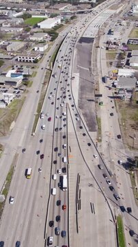 Vertical Aerial View of Busy Highway Traffic in South Houston Texas USA, Revealing Drone Shot