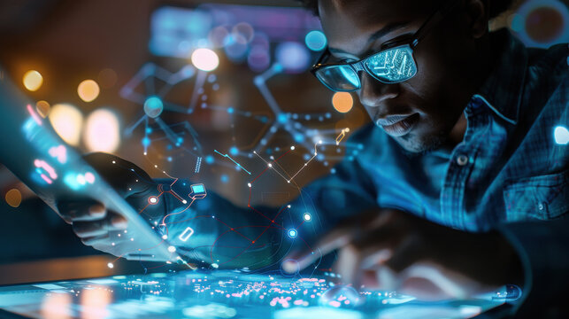 A BIPOC systems administrator using a tablet to write AI scripts and display neural network visualizations through augmented reality, supporting complex data processing
