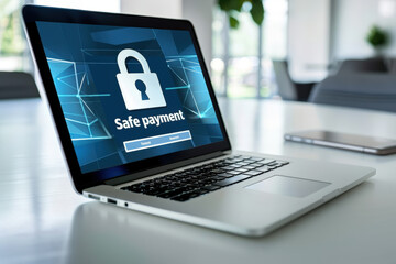 Laptop displaying a safe payment screen with a padlock icon, suggesting secure online transactions in a professional setting