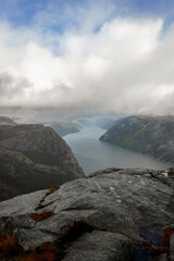 A breathtaking aerial view of a Norwegian fjord, Kjerag, Lysebotn, Lysefjorden, Norway
