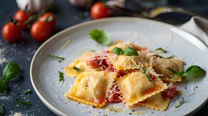 Delicious homemade ravioli pasta with tomato sauce, fresh basil, and parmesan cheese on a white plate. Perfect Italian cuisine.