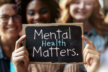 Diverse group of people smiling while holding a sign promoting mental health awareness