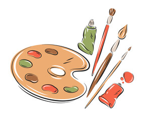 Paint brushes, art palette and oil paint in tubes. Artist painting materials. Art supplies. Creative hobby and education tools. Vector illustration