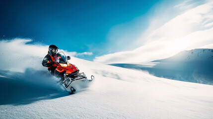 Man Riding Snowmobile on Snowy Mountain