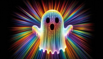 A spectral ghost figure bursts from a vibrant, multicolored explosion of particles on a black background..Concept: Energetic Ghostly Apparition