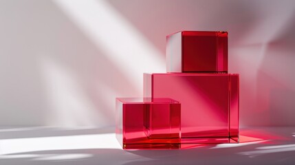 Stack of three transparent red cubes with a light source creating a soft shadow on the wall and floor. The cubes are arranged in ascending order of size from bottom to top