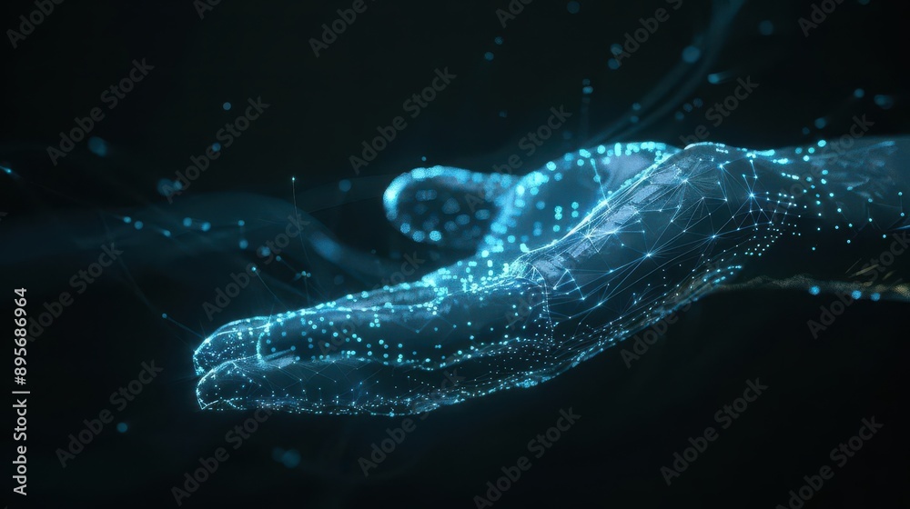 Wall mural futuristic holographic hand projection in darkness glowing blue digital wireframe palm fingers exten