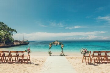 Oceanfront Ceremony A breathtaking wedding ceremony on a pristine beach with a floral archway overlooking the turquoise sea
