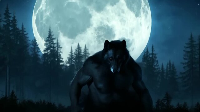 A man morphs into a werewolf under a full moon in a misty, shadowy forest.