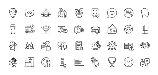 Instruction manual, Wallet and No burger line icons pack. AI, Question and Answer, Map pin icons. Income money, Interview job, Smile chat web icon. Vector