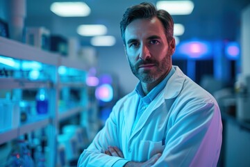 Fototapeta premium Confident Scientist in Lab Coat Working with Laboratory Equipment Under Fluorescent Light - Medium Shot