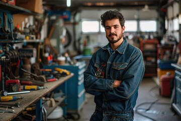 Fototapeta premium Skilled Mechanic in a Sunlit Garage Surrounded by Tools - Waist-Up Portrait