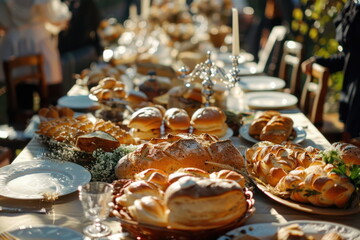Fototapeta premium many bread on long table, Celebration, luxury food
