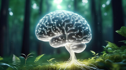 Obraz premium A brain with glowing energy veins grows in the forest. A futuristic illustration, 3D illustration Generative AI