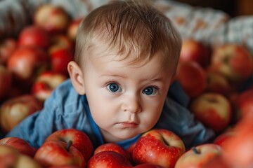 Fototapeta premium Cute Baby among red apples. Healthy food. Ai generative