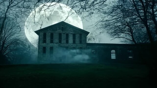 A hauntingly lit, vine-covered abandoned asylum with shattered windows under a full moon.