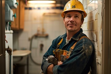 Skilled Plumber Ready for Repairs in Bathroom Setting under Fluorescent Light - Waist-Up Portrait with Tools