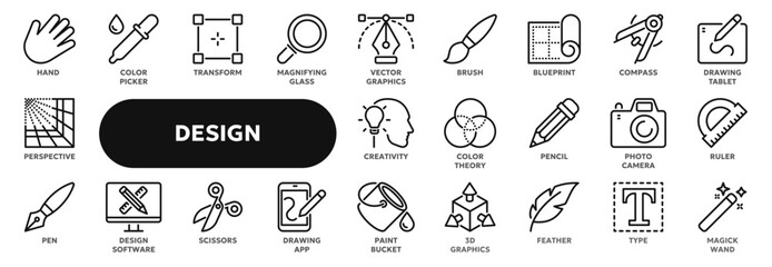 Set of vector line icons related to graphic design, art and drawing tools, creativity and imagination. Symbols for website or app ui, logo design, illustration