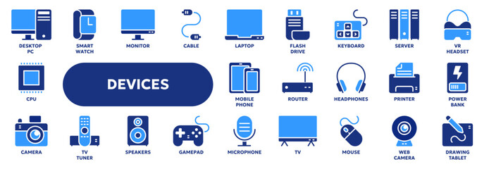 Set of vector solid icons related to technology, computer devices, electronic equipment. Symbols for website or app ui, logo design, illustration