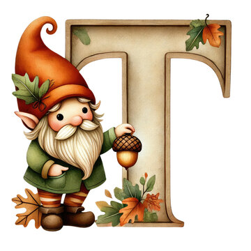 gnome holding acorn next to letter t clip art preview