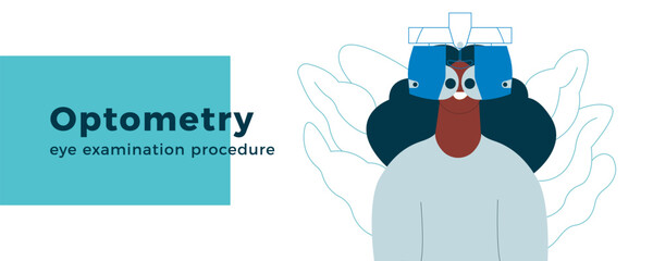 Optometry. Eye Test and Prescription Glasses. Female Perform Eye Test with Automated Digital Phoropter. Modern Flat Vector Illustration. Website Banner.