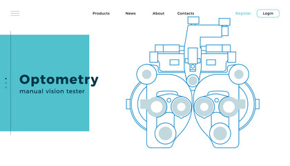 Optometry. Manual Vision Tester. Medical Equipment. Modern Flat Vector Illustration. Landing Page Design Template. Website Banner.