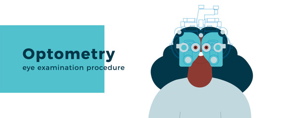 Optometry. Eye Test and Prescription Glasses. Female Perform Eye Test with Manual Vision Tester. Modern Flat Vector Illustration. Website Banner.