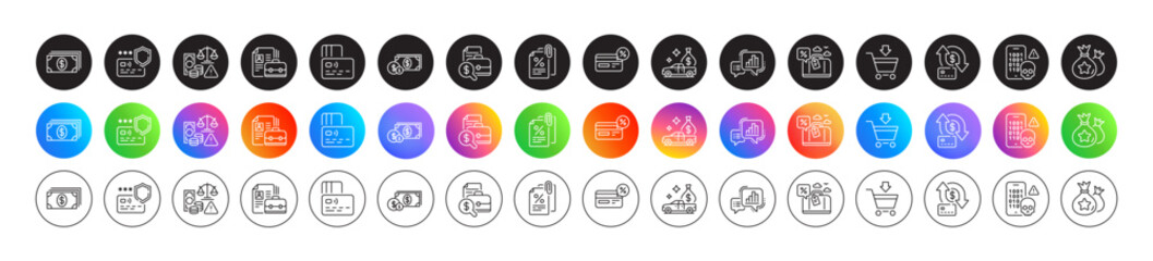 Fraud, Card and Cash transit line icons. Round icon gradient buttons. Pack of Cashback, Vacancy, Online market icon. Money transfer, Payment protection, Tax documents pictogram. Vector