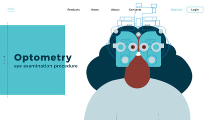 Optometry. Eye Test and Prescription Glasses. Female Perform Eye Test with Manual Vision Tester. Modern Flat Vector Illustration. Landing Page Design Template. Website Banner.
