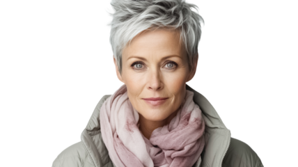 Portrait of beautiful middle aged woman standing looking at camera on transparent background.

