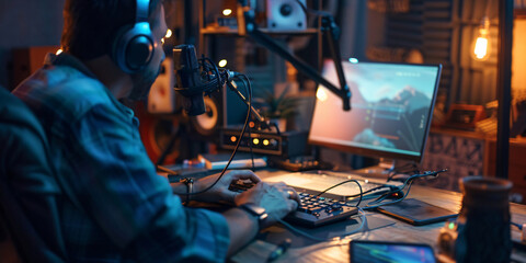 A man wearing headphones sits at a desk using a computer, microphone, and keyboard.
