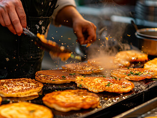 Street food vendor preparing savory pancakes on a griddle 