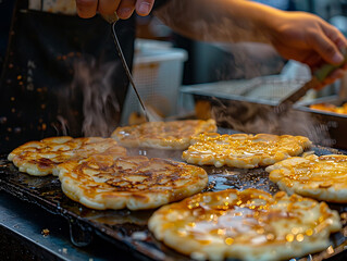 Street food vendor preparing savory pancakes on a griddle 