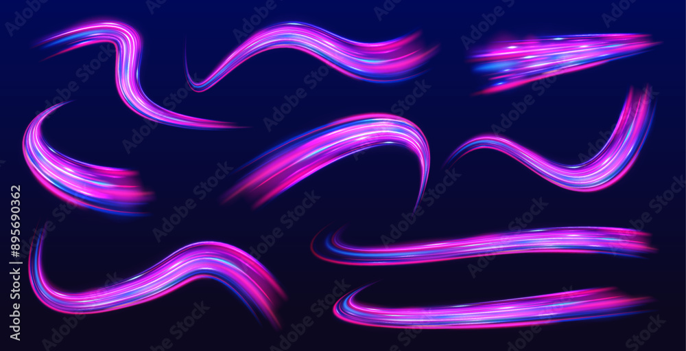Poster A large set of low-poly designs made of thin lines in the form of branches, spirals and arcs. Expressway, car headlight effect. Speed connection vector background.	