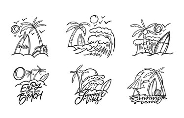 Hand drawn collection of beach and surfing icons for a creative and fun coastal design theme