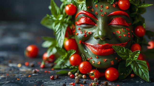 Creative food concept  whimsical vegetable and spice face winking on chalkboard with friendly smile