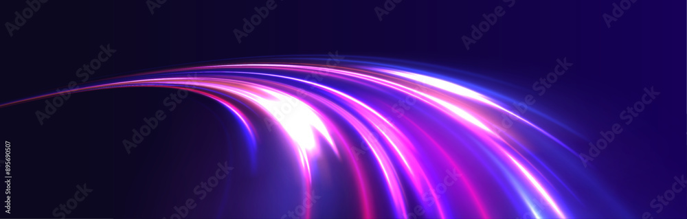 Aufkleber Abstract energy in the form of stripe, arc, curl and zigzag in neon colors with light effect. и Acceleration speed motion on night road. Bright sparkling background.	