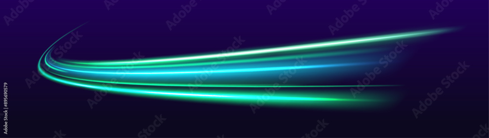 Poster neon green swirls abstract speed line. light and stripes moving fast over dark background. concept o