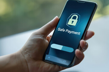 Hand holding a smartphone with a safe payment interface on the screen, ensuring secure transactions